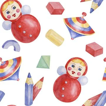 Baby seamless pattern in red, blue colors with roly-poly doll, pencils, humming Ilustración de archivo