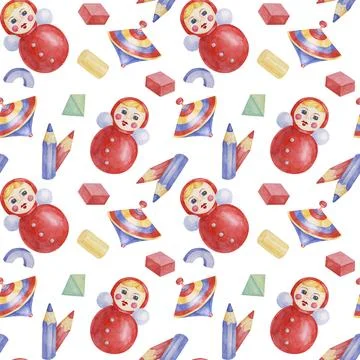 Baby seamless pattern in red, blue colors with roly-poly doll, pencils, humming Ilustración de archivo
