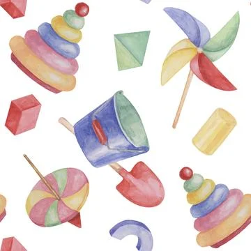 Baby seamless pattern with ring tower, toys, pencils, bucket, shovel in Illustrazione stock