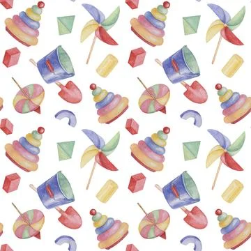 Baby seamless pattern with ring tower, toys, pencils, bucket, shovel in Stock Illustration