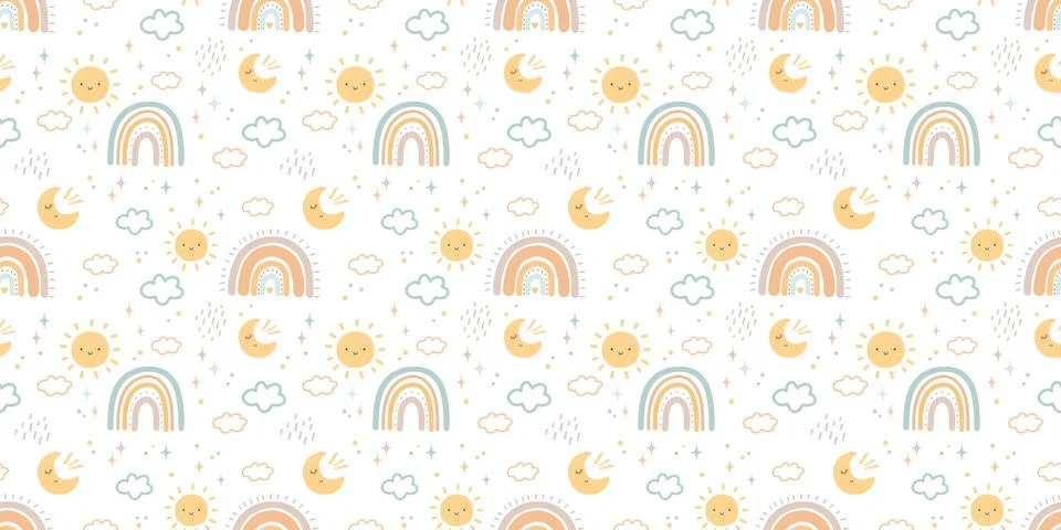 Baby seamless pattern on white background in boho style with moon, sun and ra Stock Illustration