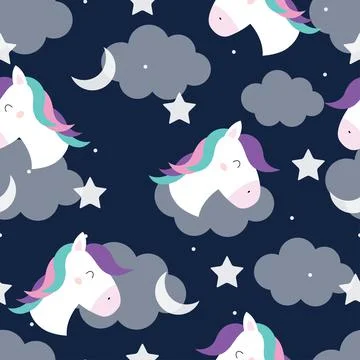 Baby seamless repeating pattern Unicorn horse floating in the sky with clouds Stock Illustration