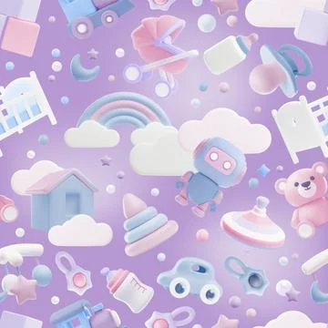 Baby shower 3d vector seamless pattern, cartoon newborn care and entertainment 스톡 일러스트