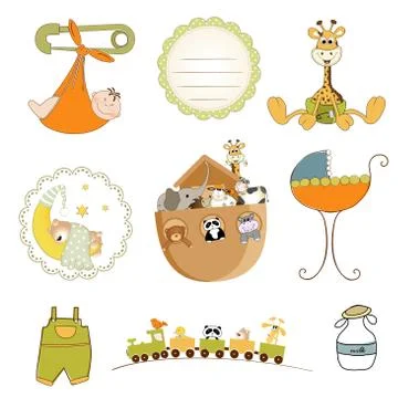Baby shower items set in vector format isolated on white background Stock Illustration