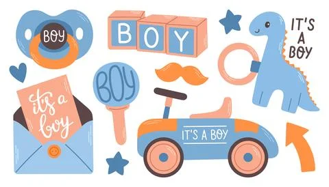 Baby shower Its a boy. Vector illustration for baby boy shower and baby items. Stock Illustration