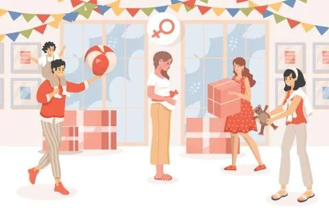 Baby shower party vector flat illustration. Pregnant woman celebrates pregnancy Stock Illustration