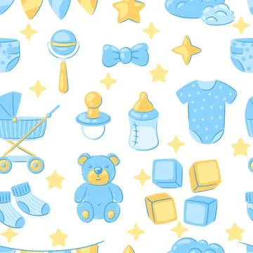 Baby shower pattern. New born baby boy Happy Birthday 스톡 일러스트