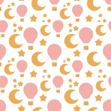 Baby shower seamless pattern with balloon, moon and stars on white backgrou.. Stock Illustration