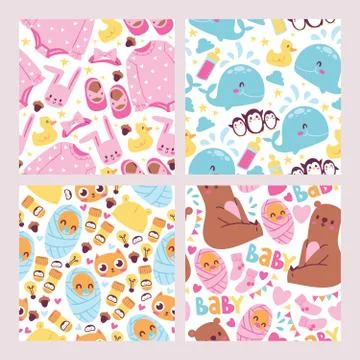 Baby shower seamless pattern set. Cute kids vector illustration. It s a girl, it Stock Illustration