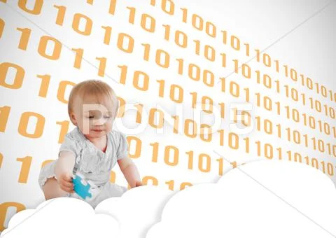Baby sitting in clouds with jigsaw piece Stock-Fotos