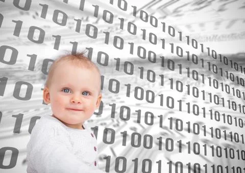 Baby sitting in front of binary codes Foto stock