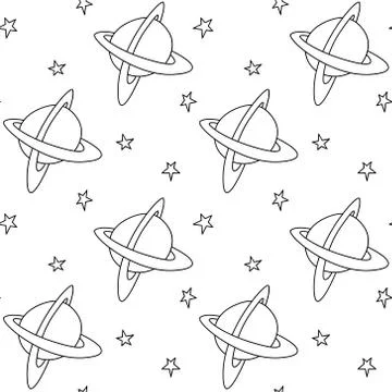 Baby space seamless pattern. Cartoon outline planets and stars. Vector cosmic Stockillustratie