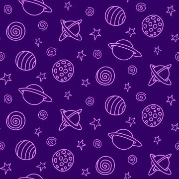 Baby space seamless pattern. Cartoon pink purple outline planets and stars. V Illustrazione stock