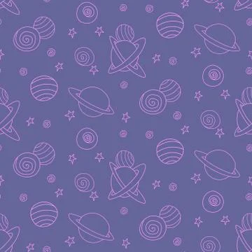 Baby space seamless pattern. Cartoon blue pink purple outline planets and sta Illustrazione stock