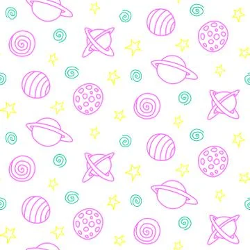 Baby space seamless pattern. Cartoon pink outline planets and stars. Vector c Stock Illustration