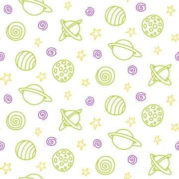 Baby space seamless pattern. Cartoon pink outline planets and stars. Vector c Stockillustratie