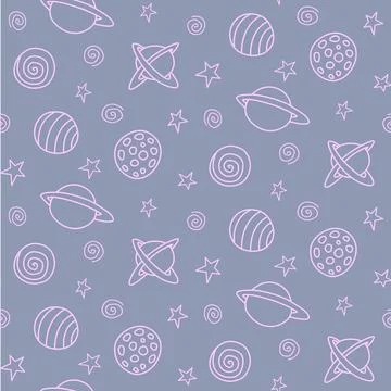 Baby space seamless pattern. Cartoon pink blue purple outline planets and sta Illustrazione stock