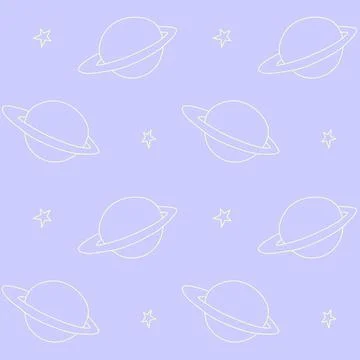 Baby space seamless pattern. Cartoon outline planet saturn and stars. Vector  Stock Illustration