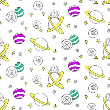 Baby space seamless pattern. Different multi-colored outline cartoon planets  Illustrazione stock