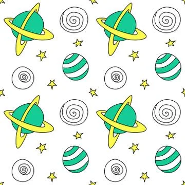 Baby space seamless pattern. Different multi-colored outline cartoon planets  Stockillustratie