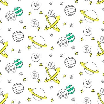 Baby space seamless pattern. Different multi-colored outline cartoon planets  Illustrazione stock