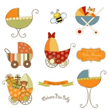 Baby stroller items set in vector format isolated on white background Stock Illustration
