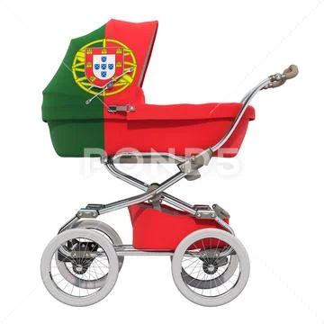 Baby stroller with Portuguese flag texture, 3D rendering Stock Illustration