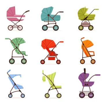 Baby stroller set, different types of kids transport, colorful vector Stock Illustration
