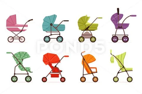 Baby stroller set, different types of kids transport, colorful vector Stock Illustrationen
