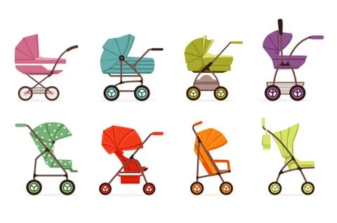 Baby stroller set, different types of kids transport, colorful vector イラスト素材