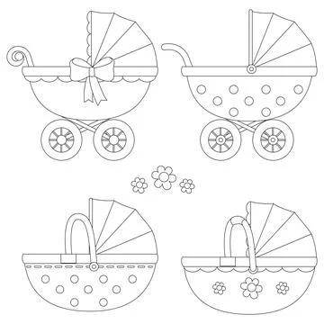 Baby strollers. Vector black and white coloring page Stock Illustration