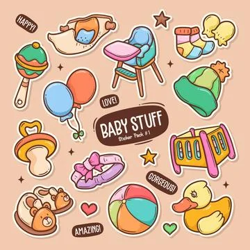 Baby Stuff Cute Doodle Vector Sticker Collection 1 Ilustración de archivo