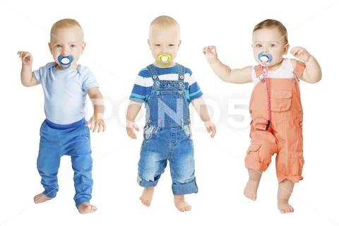 Baby Sucking Pacifier, Infant Kids Group Suck Soother Dummy, Children on White Stock Photos