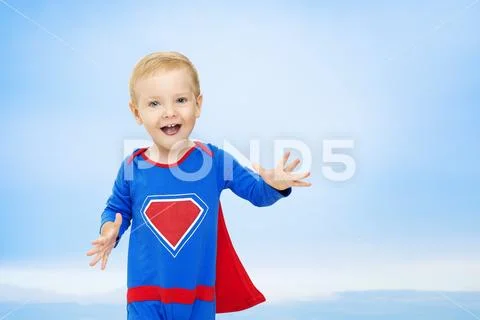 Baby Superhero, Kid Man in Blue Super Hero Costume, Happy Child Boy Superman Stock Photos