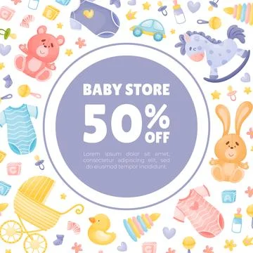 Baby Things and Objects Store Banner Design Vector Template Illustrazione stock