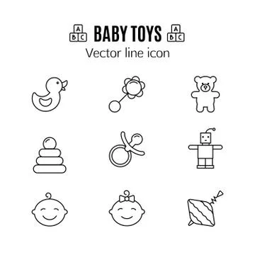 Baby toys thin line icon. Outline symbol kid plaything for games to design fo Illustrazione stock