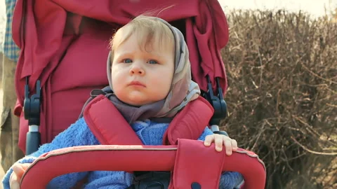 Baby on a walk in a stroller in the spring Stock Footage 88320540