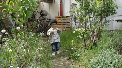 A baby walks between the trees in the garden of his house, in France Stock Footage 212553764