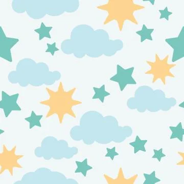 Baby wallpaper - seamless pattern of clouds ,stars and sun. vector background Stockillustratie