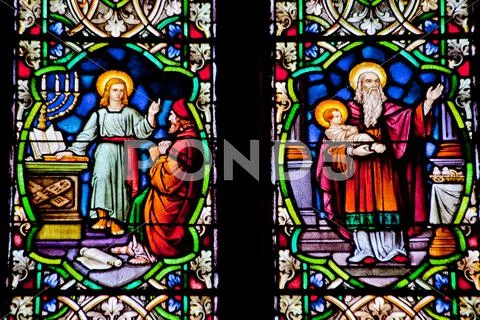Baby youth jesus stained glass national shrine of saint francis Stock Photos