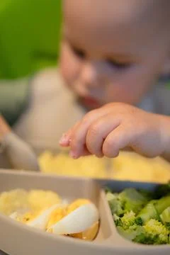 Babys hand exploring textured first foods Foto stock