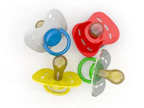 Baby's pacifiers on white isolated background. 3d Stock Illustration
