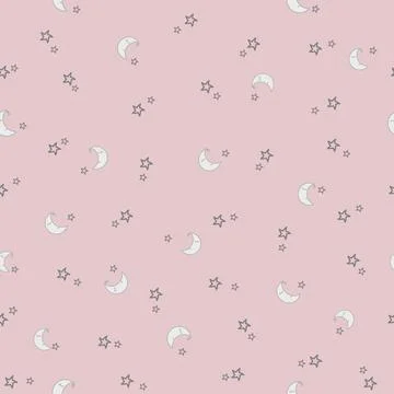 Baby's Seamless Pattern with Smiling Moon and Stars on Pastel Pink Background. Illustrazione stock
