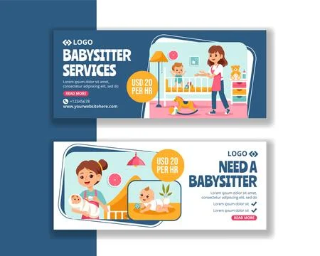 Babysitter or Nanny Services Horizontal Banner Flat Cartoon Hand Drawn Temp.. Stock Illustration