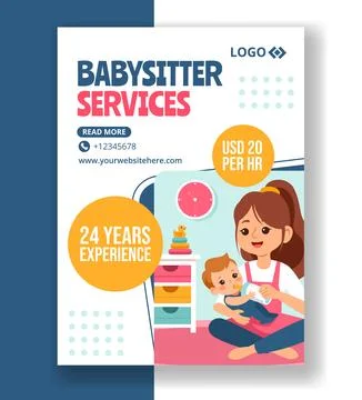 Babysitter or Nanny Services Vertical Poster Flat Cartoon Hand Drawn Templa.. Stock Illustration