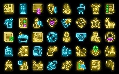 Babysitting service icons set vector neon Stock Illustration