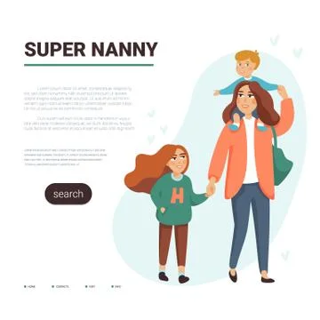 Babysitting service Vector Template. Mother, Nanny with two children. Stock Illustration