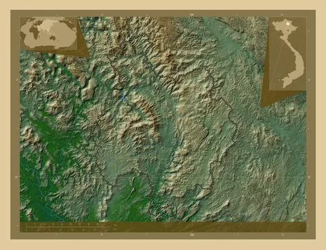 Bac Kan, Vietnam. Colored elevation map with lakes and rivers Illustrazione stock