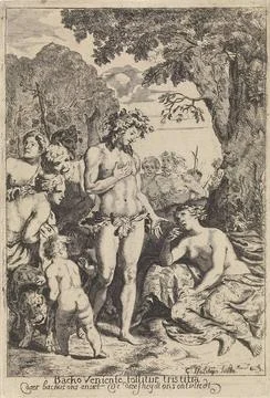 . Bacchus, surrounded by his consequence, consolation Ariadne, who has lef... Fotos de archivo