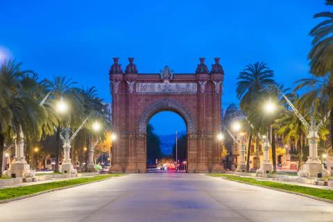 Bacelona Arc de Triomf at night in the city of Barcelona in Catalonia, Spain. Stock Photos